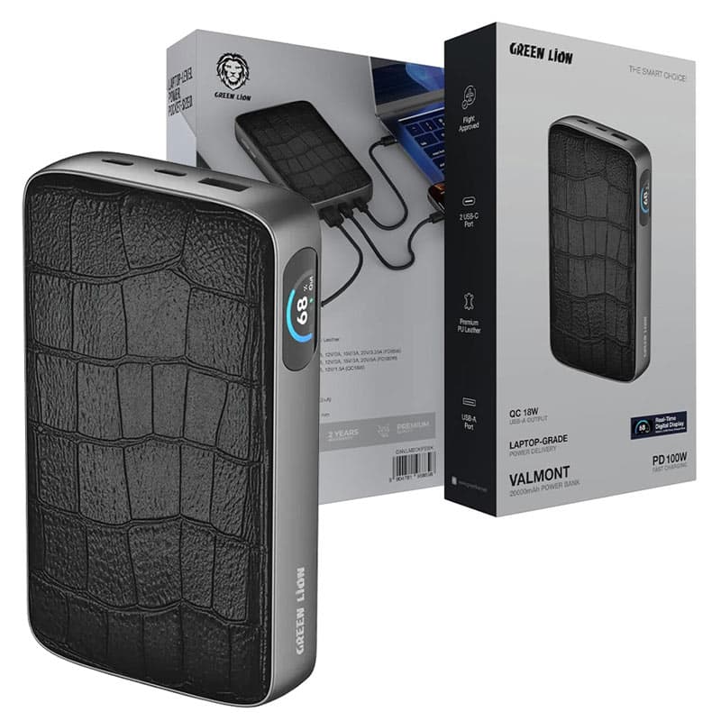 پاوربانک 20000mAH سوپرفست کابل متصل 100وات صفحه نمایش دار گرین لاین مدل Green Lion ValMont GL-PX46