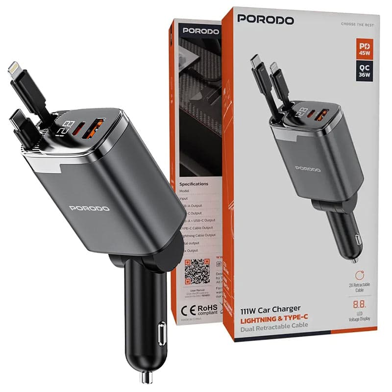 شارژر فندکی دو پورت بهمراه کابل متصل دارای نمایشگر دیجیتال Porodo 111w With Retractable Cable PDC46P