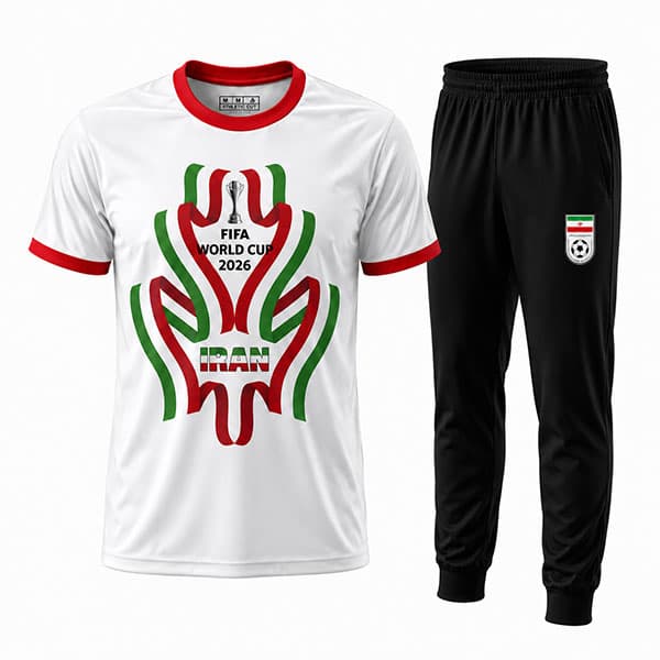 تیشرت و شلوار هواداری تیم ملی ایران طرح جام جهانی 2026مدل A(سفید ومشکی)