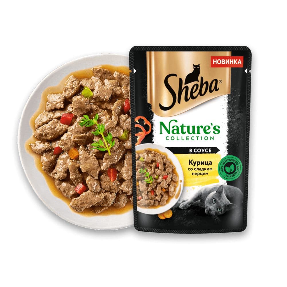 پوچ گربه شبا با طعم مرغ،فلفل شیرین و هویج در سس_Sheba nature’s collection,chicken,sweet peppers and carrots in sauce