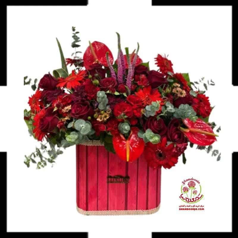 باکس عاشق و معشوق با رز قرمز، انتریوم، ژرورا و داوودی مینیاتور – هدیه‌ای برای عشق