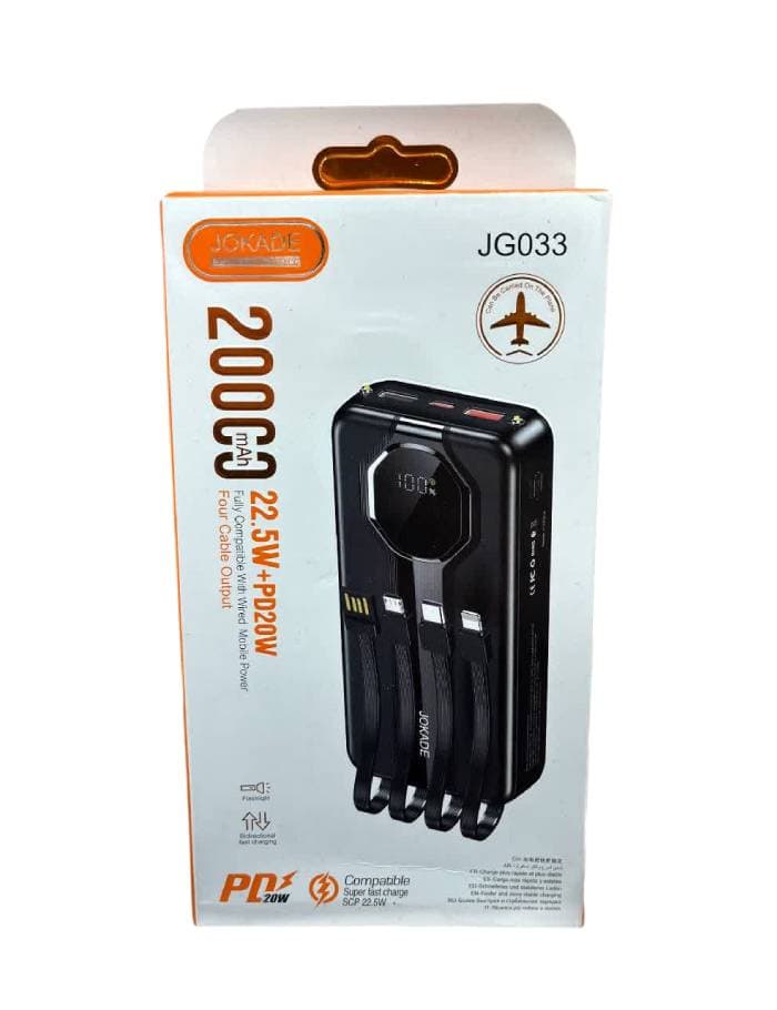 پاوربانک 20000 میلی‌آمپر JG033 – شارژ فوق‌سریع 22.5W + PD20W با کابل‌های متصل — تصویر ۲