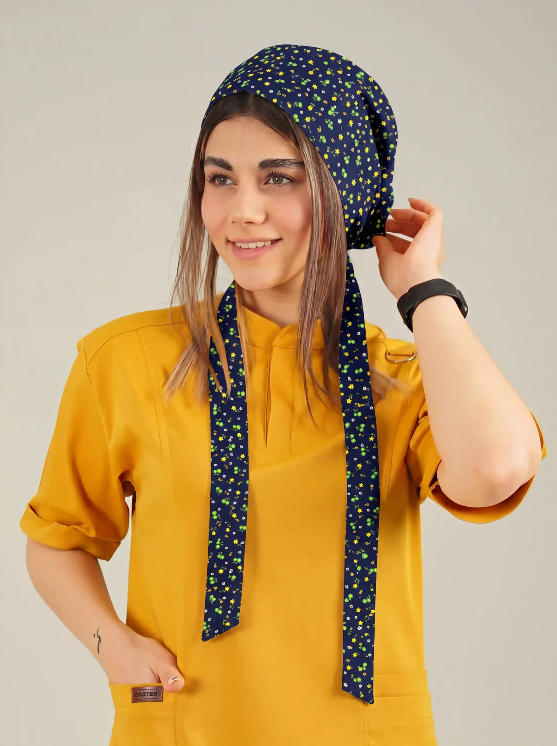 کلاه جراحی کراواتی طرح دار زمینه سرمه ای کد A44