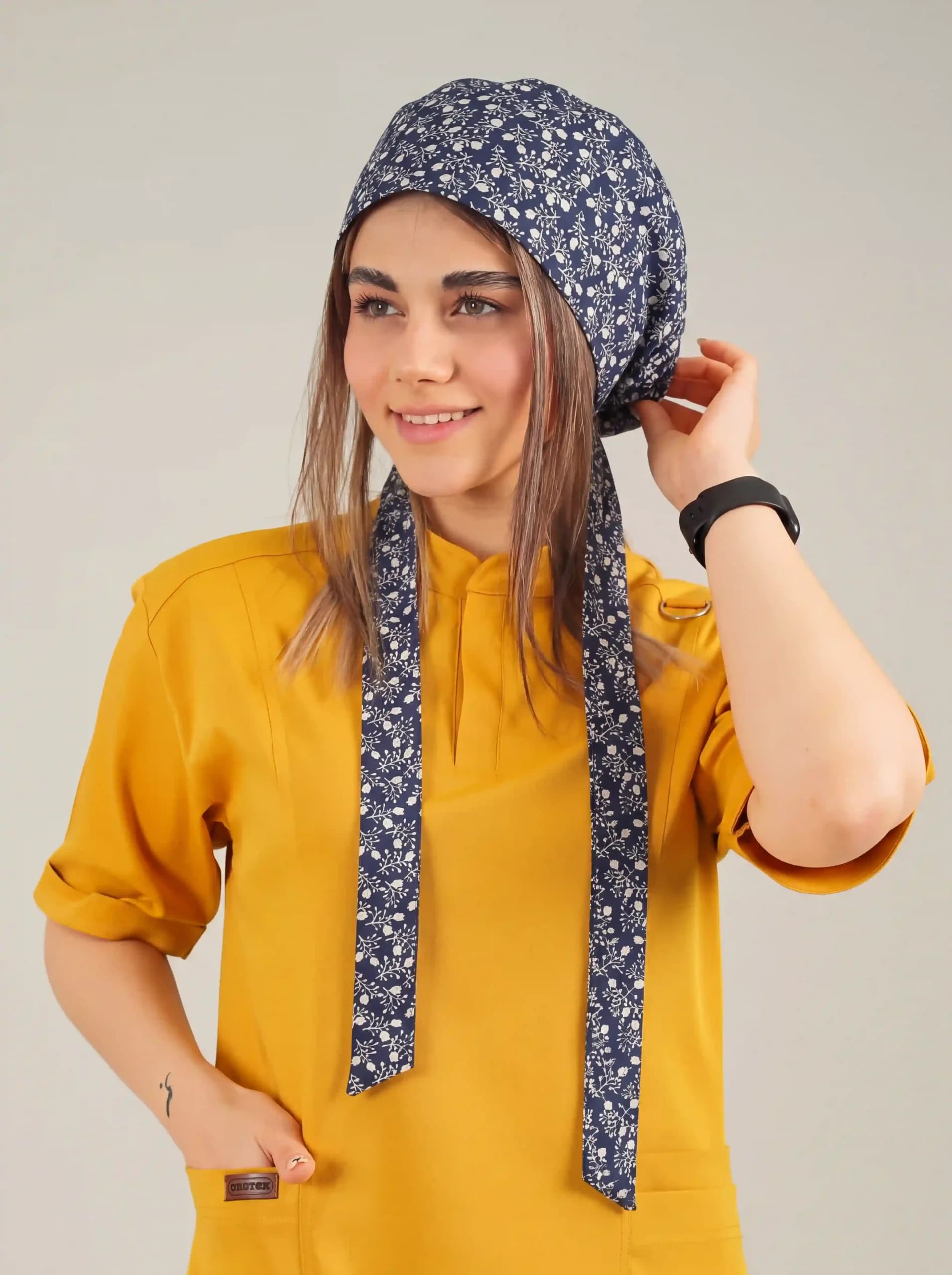 کلاه جراحی کراواتی طرح دار کد A13 زمینه سرمه ای