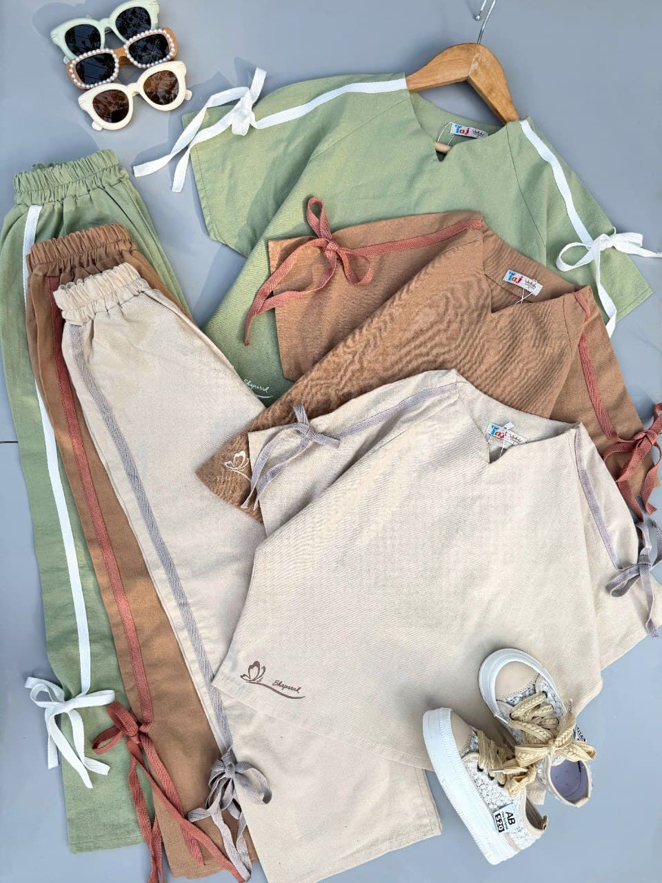 ست کراپ و شلوار دخترانه پاپیونی🎀💚🤎