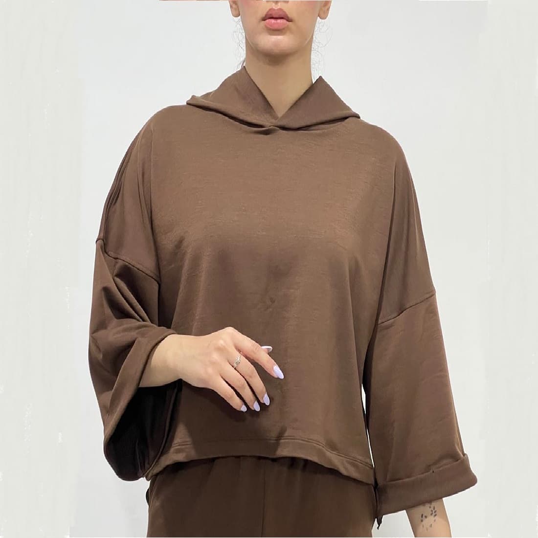 تیشرت کراپ باکسی کلاه دار کد 1397