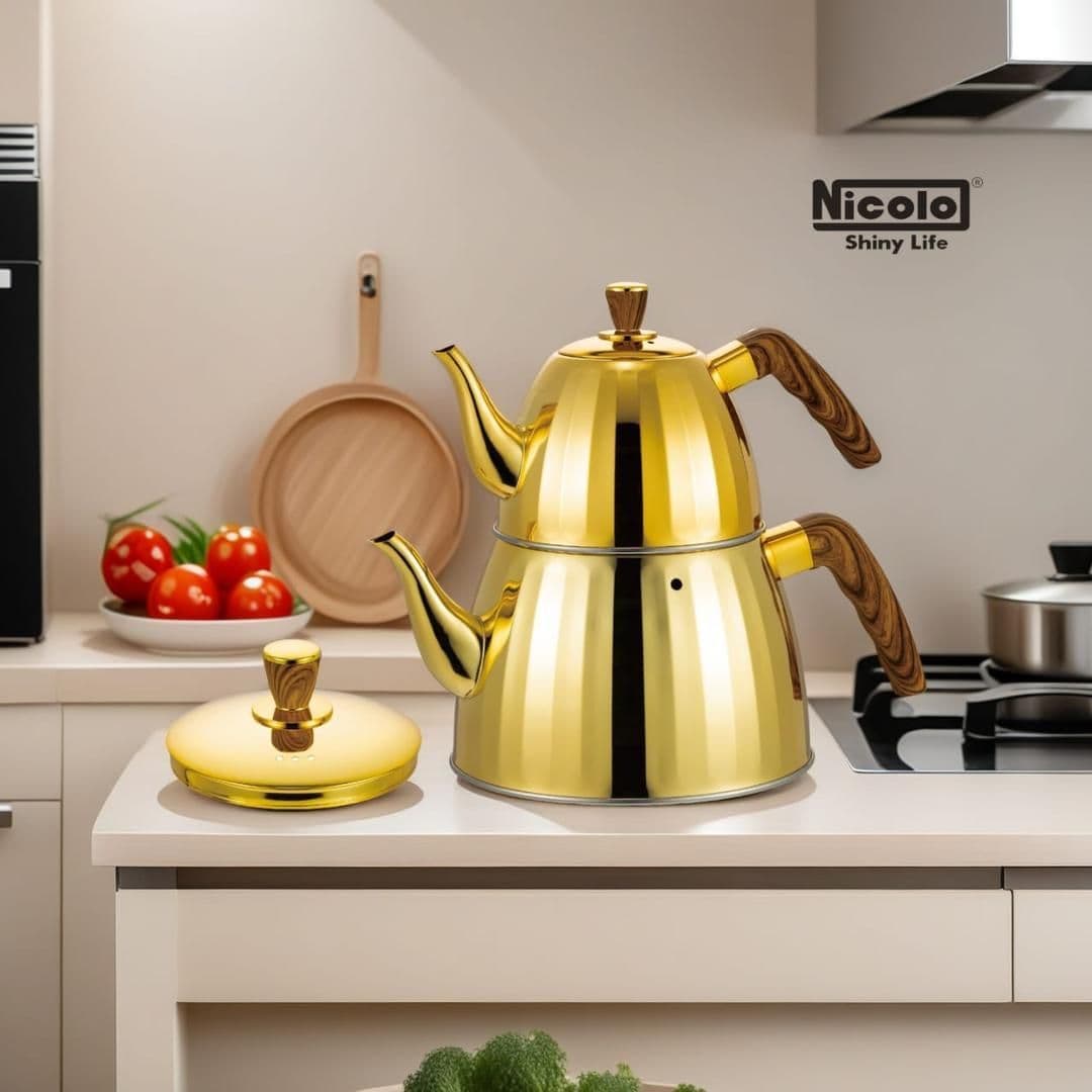 کتری قوری استیل براق Nicolo نیکولو دسته چوبی — تصویر ۲