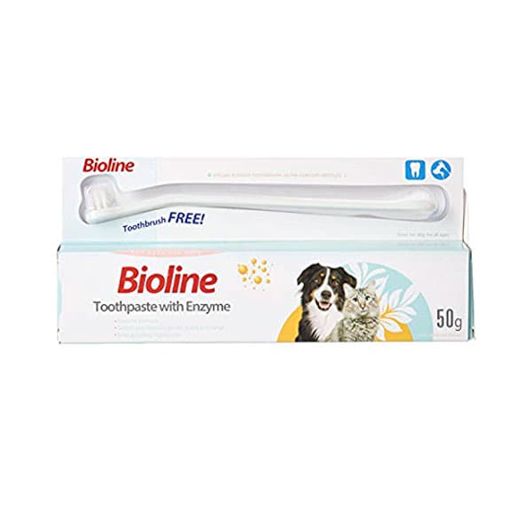 ست مسواک و خمیر دندان سگ و گربه بایولاین مدل آنزیم دار Bioline Toothpaste With Enzyme وزن 50 گرم — تصویر ۳