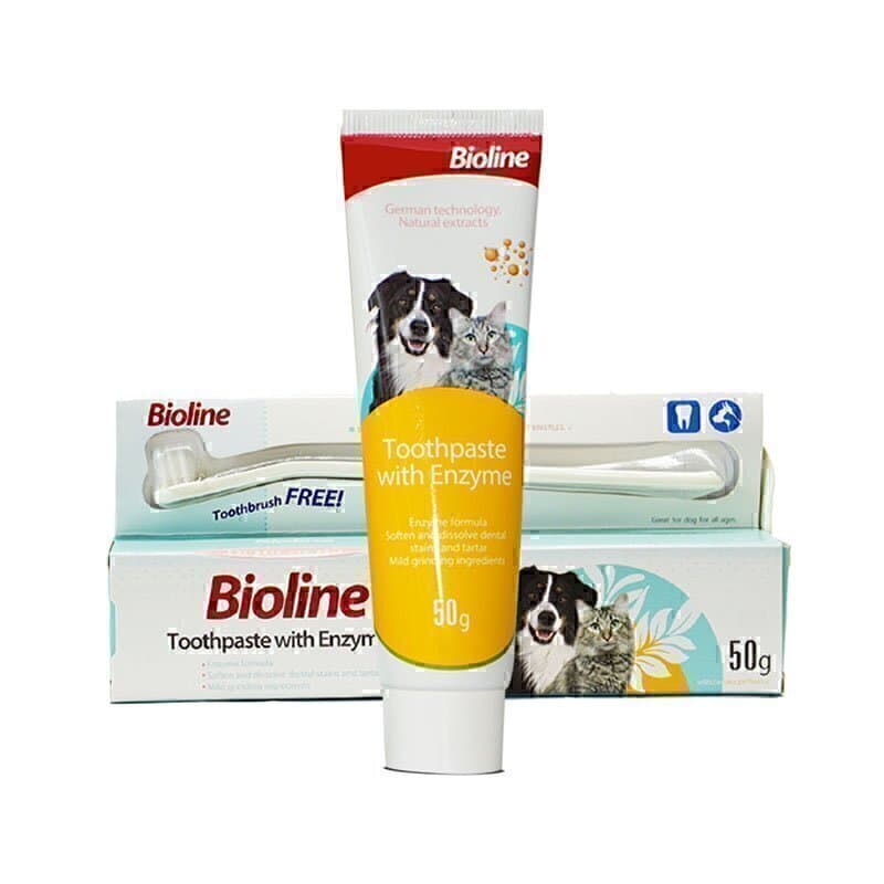 ست مسواک و خمیر دندان سگ و گربه بایولاین مدل آنزیم دار Bioline Toothpaste With Enzyme وزن 50 گرم — تصویر ۲