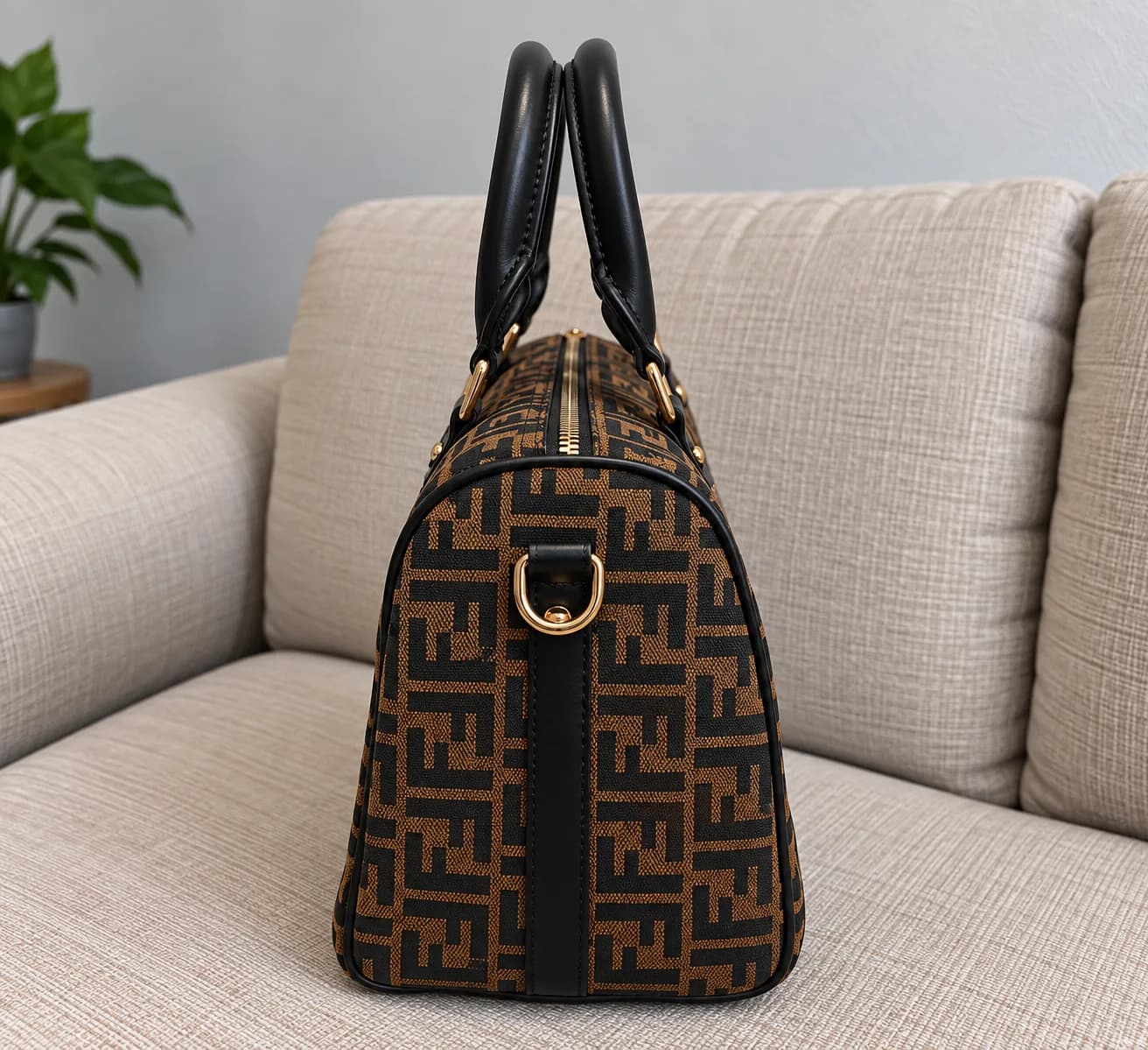 کیف دستی و دوشی زنانه فندی مونوگرام قهوه‌ای مشکی — تصویر ۳
