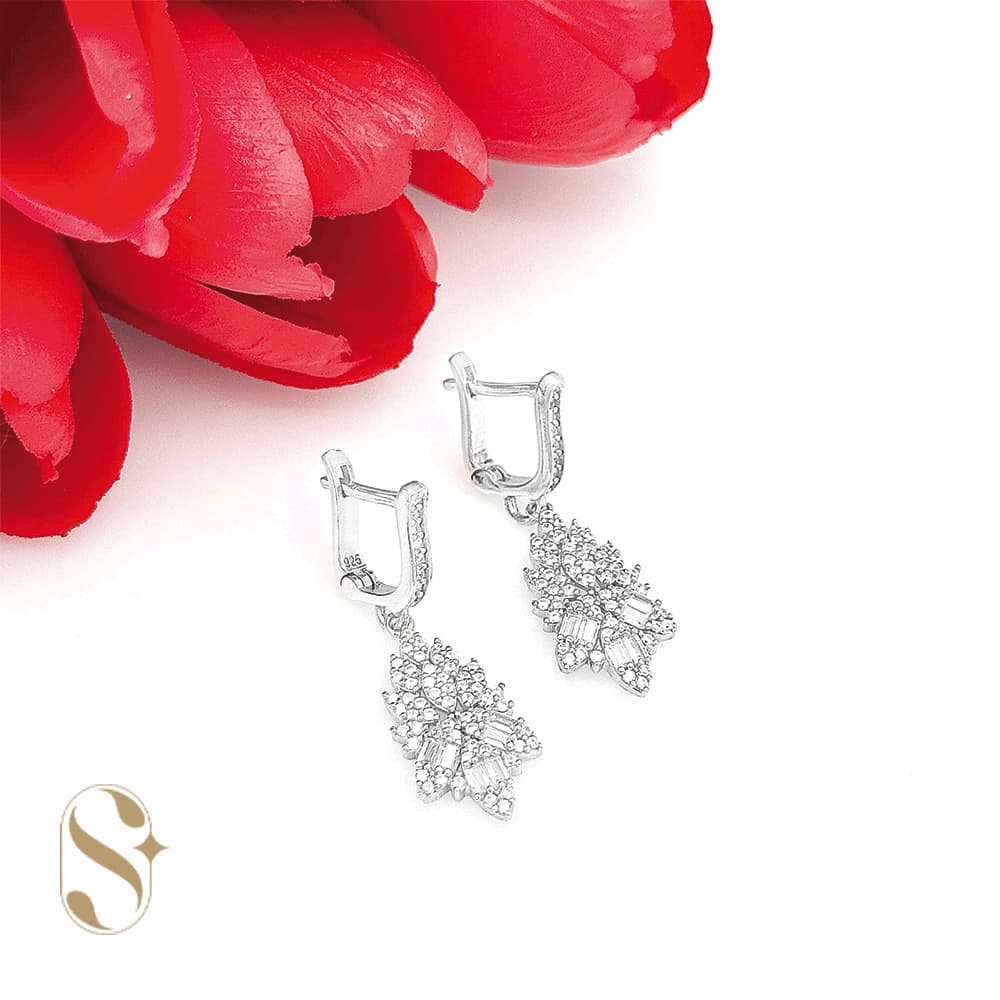 گوشواره نقره زنانه طرح جواهری تمام نگین کد SilverSet-G549