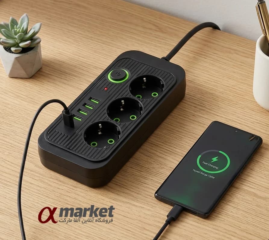 چندراهی برق سه خانه با USB و Type-C | کابل ۲ متری