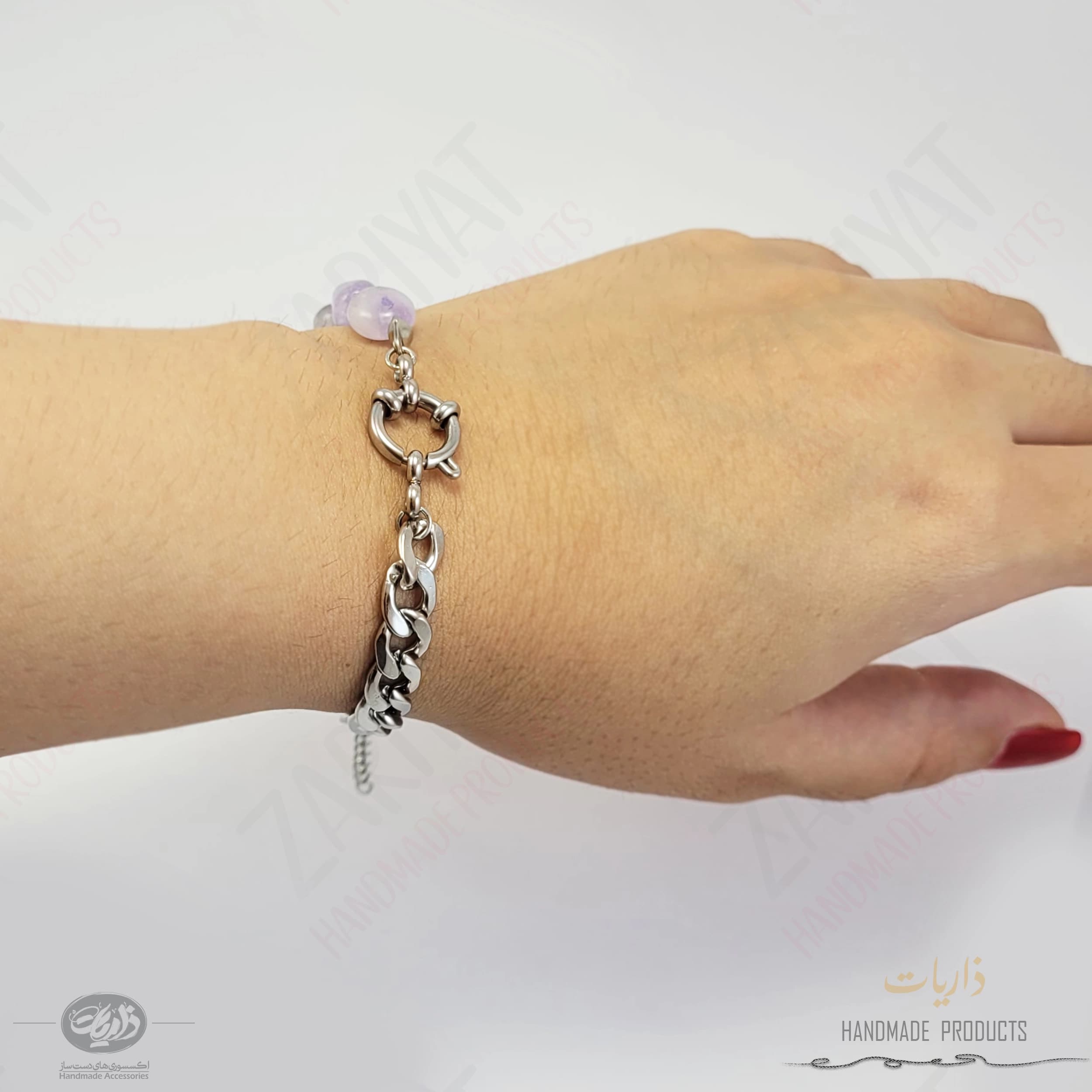 دستبند سنگ آمیتیست و زنجیر استیل ذاریات مدل آب نبات (CANDY) — تصویر ۳