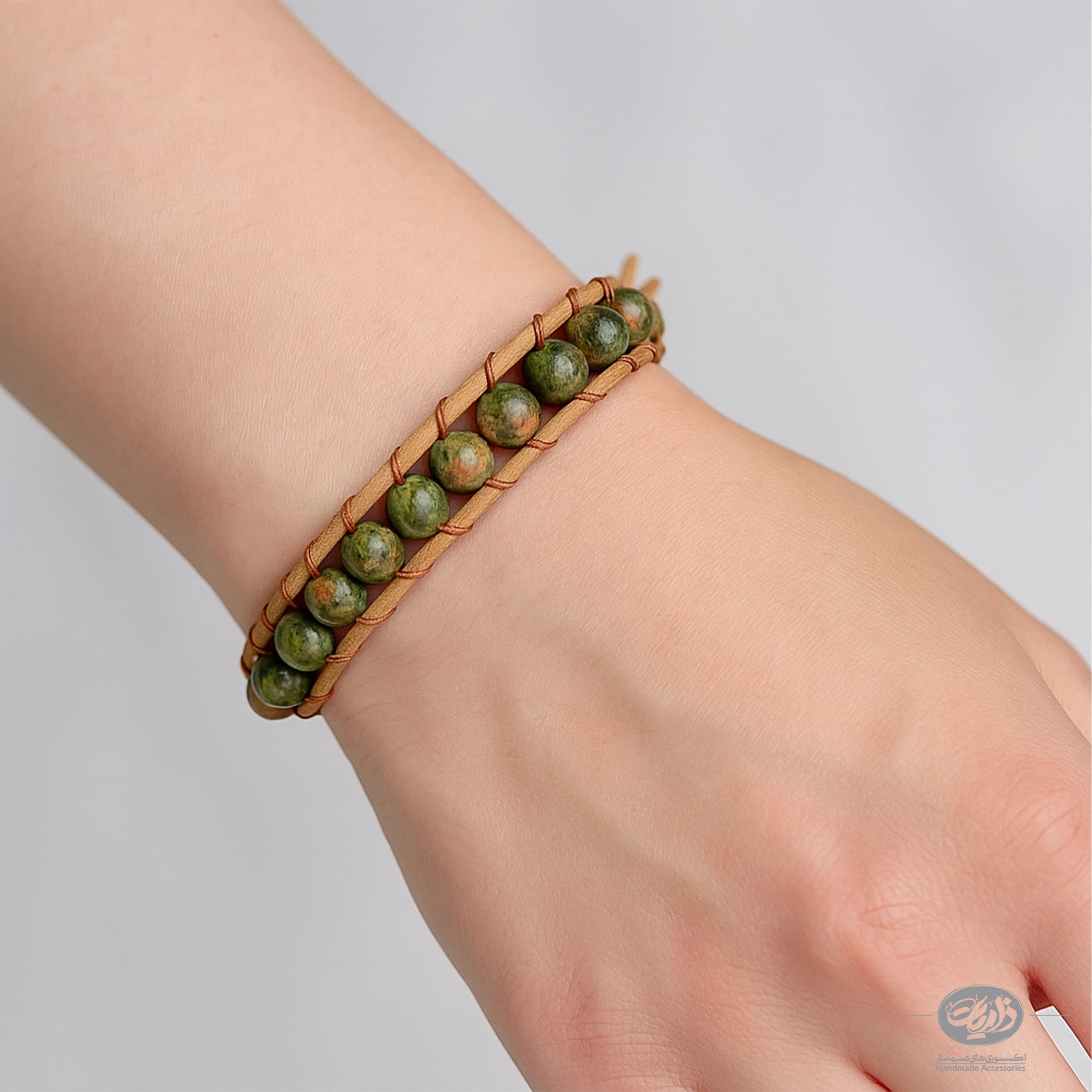 دستبند سنگ جاسپر و چرم طبیعی ذاریات مدل خزه (MOSS)