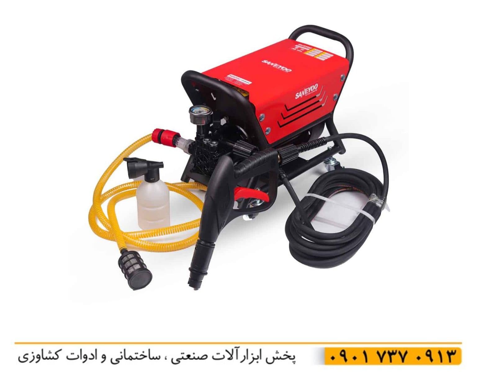 کارواش دینامی 230 بار 2500 وات سانیو ecw-sa2300 اصل با سیم پیچ 100٪ مس تکنولوژی ایتالیا با قابلیت خودمکش کالسکه ای چرخ دار قدرت 3.34 اسب