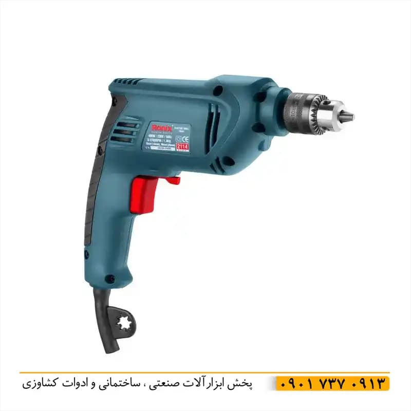 دریل برقی 400 وات 10 میلی متری رونیکس 2114 با ضمانت 12 ماهه اصل رونیکس سیم پیچ 100% مس با توان و قدرت بالا با کلید چپ گرد و راست گرد سه نظام آچاری