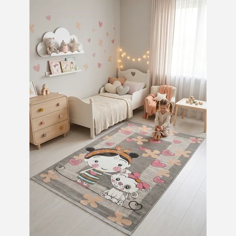 فرش کودک دختر و گربه قلبی نقش برجسته