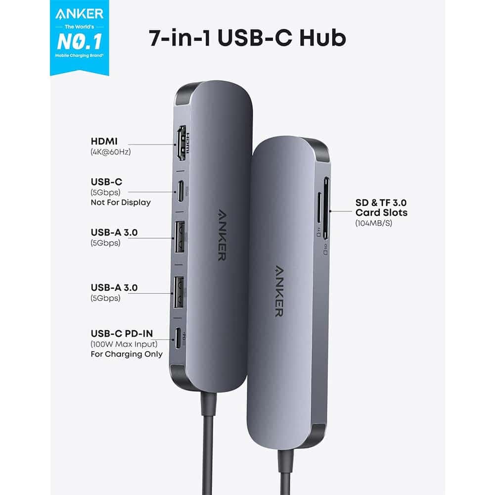هاب ۷ پورت انکر مدل Anker USB C Hub 7-in-1 Multi-Port A83D2 رنگ نقره ای — تصویر ۶