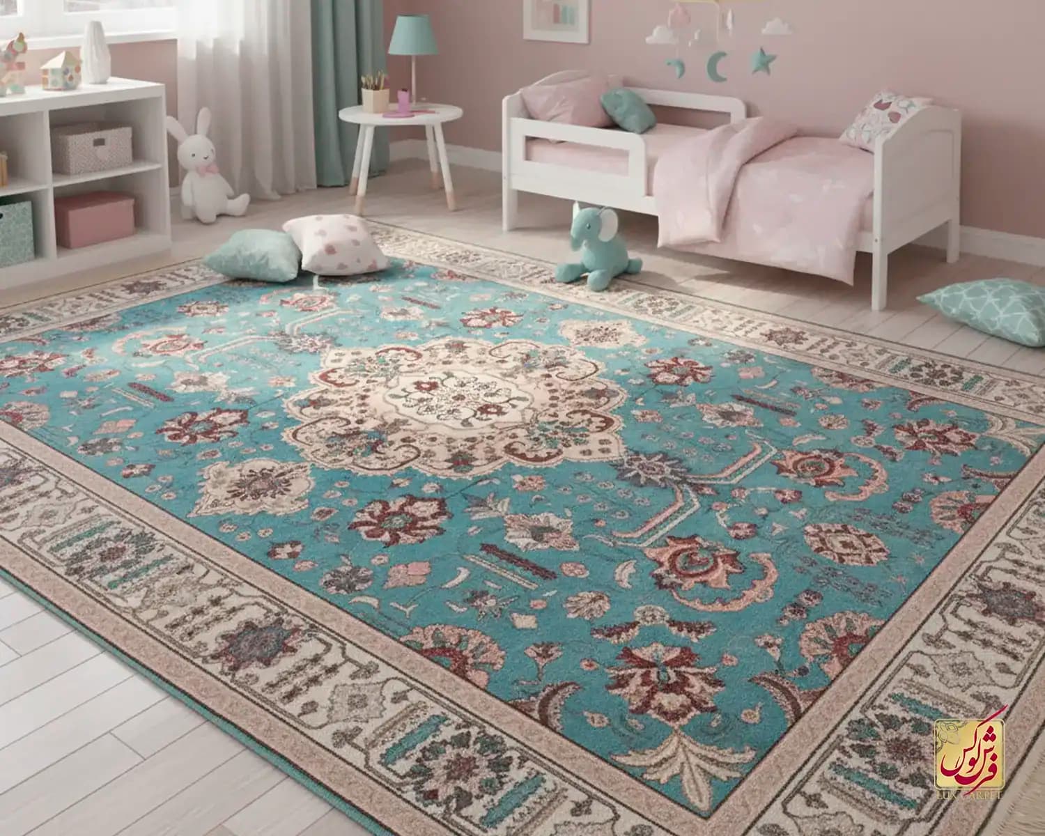 فرش ابریشم ماشینی 743105 فیروزه‌ای کرم