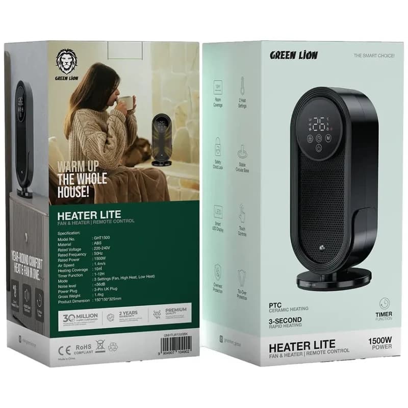 بخاری و هیتر برقی فن‌دار گرین لاین مدل Green Lion Heater Lite GNHTLW1500BK | توان 1500 وات — تصویر ۲