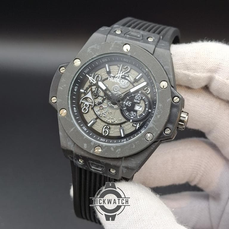 ساعت هابلوت مردانه مشکی | قاب کربن، بند اسپرت مشکی، قفل اصلی Hublot — تصویر ۴