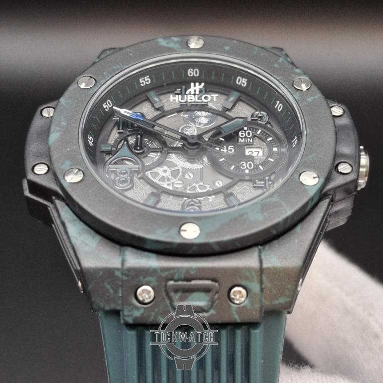 ساعت هابلوت مردانه سبز یشمی | قاب کربن، بند اسپرت، قفل اصلی Hublot — تصویر ۲