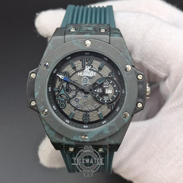 ساعت هابلوت مردانه سبز یشمی | قاب کربن، بند اسپرت، قفل اصلی Hublot