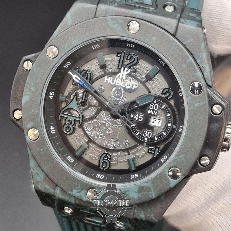 ساعت هابلوت مردانه سبز یشمی | قاب کربن، بند اسپرت، قفل اصلی Hublot — تصویر ۳