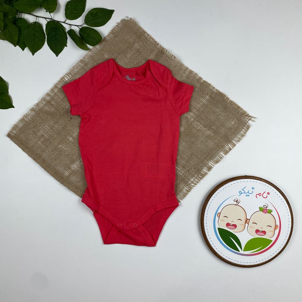 بادی نوزادی دخترانه آستین کوتاه طرح ساده یقه گرد سرخابی رنگ