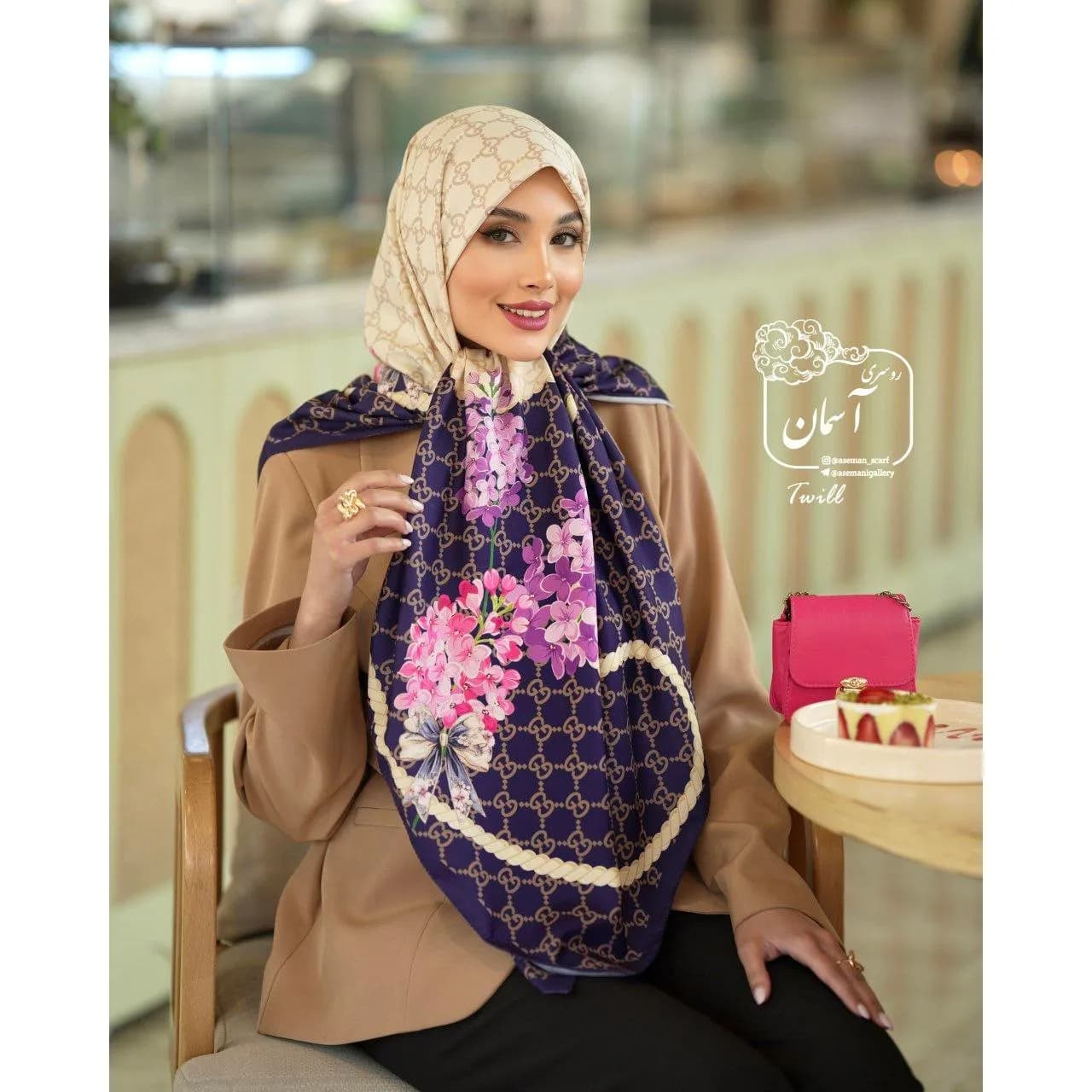 روسری ساتن ابریشم طرح گوچی قواره 140 — تصویر ۵