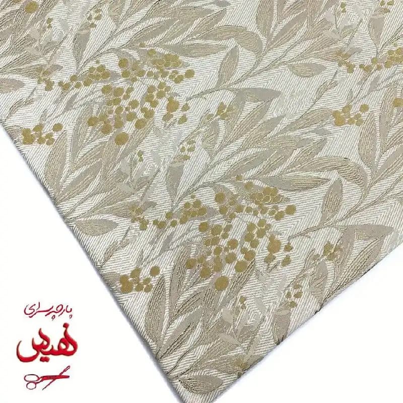 پارچه ژاکارد ترک مانتویی طرح برگ رنگ کرم طلایی