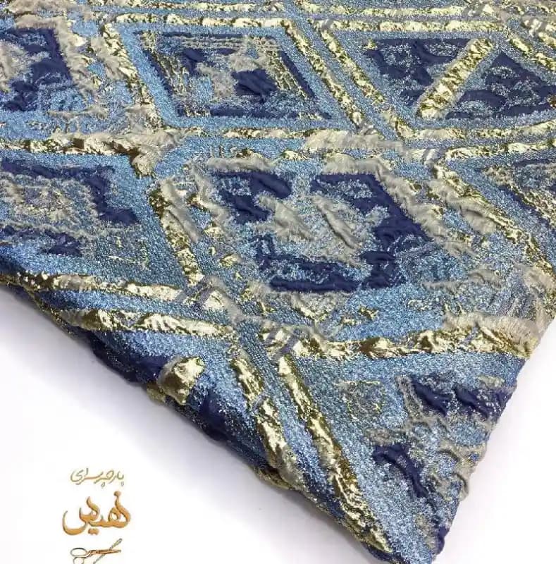 پارچه ژاکارد ترک مانتویی طرح لوزی رنگ ابی