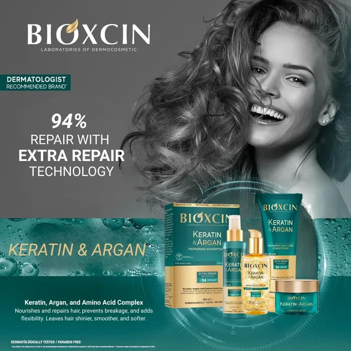 ماسک مو ترمیم و تقویت کننده‌ بیوکسین مدل Keratin & Argan – مناسب موهای خشک و آسیب دیده | حجم 225 میل — تصویر ۷