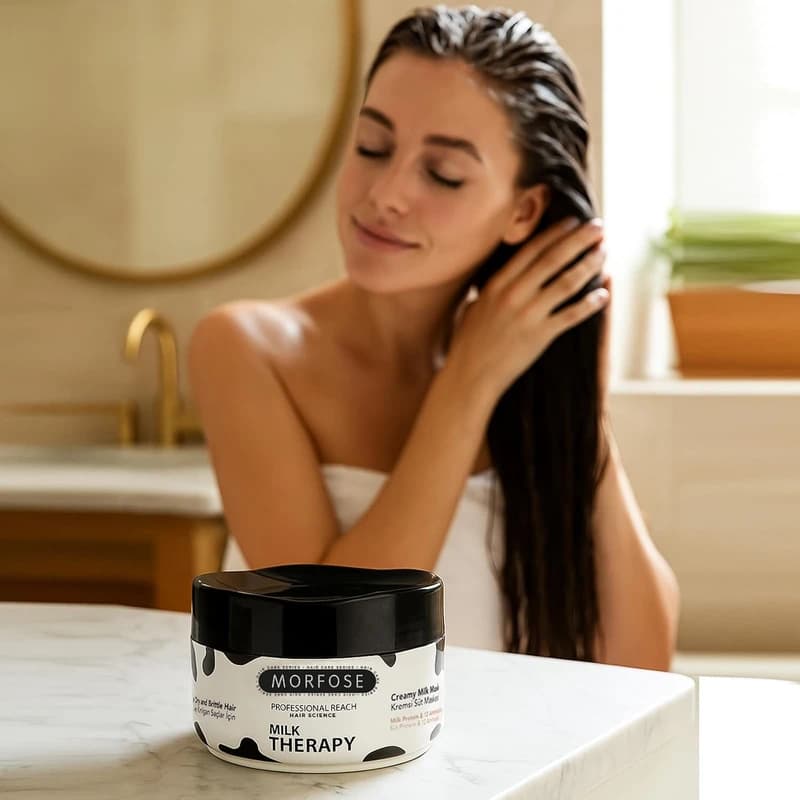 ماسک موی کرمی مورفوس Morfose مدل Milk Therapy – حاوی پروتئین شیر و 12 آمینواسید – بازسازی و تغذیه موهای خشک و آسیب‌دیده | حجم 500 میلی‌لیتر — تصویر ۷