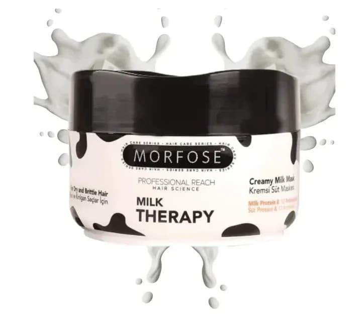 ماسک موی کرمی مورفوس Morfose مدل Milk Therapy – حاوی پروتئین شیر و 12 آمینواسید – بازسازی و تغذیه موهای خشک و آسیب‌دیده | حجم 500 میلی‌لیتر — تصویر ۲