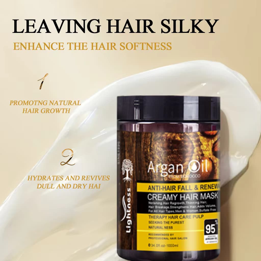 ماسک موی کرمی لایتنس Lightness مدل Argan Oil – حاوی روغن آرگان و پروتئین – ضدریزش و بازسازی عمیق | حجم 1000 میل — تصویر ۴