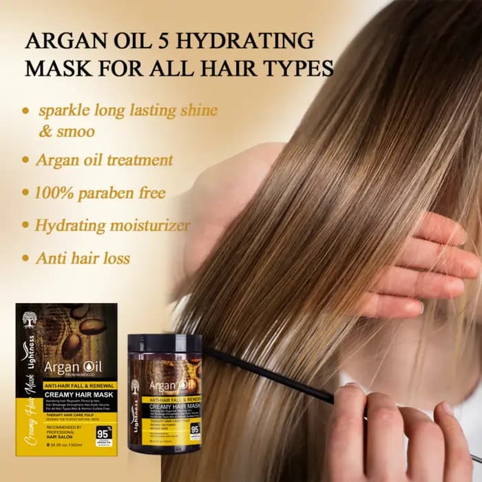 ماسک موی کرمی لایتنس Lightness مدل Argan Oil – حاوی روغن آرگان و پروتئین – ضدریزش و بازسازی عمیق | حجم 1000 میل — تصویر ۵
