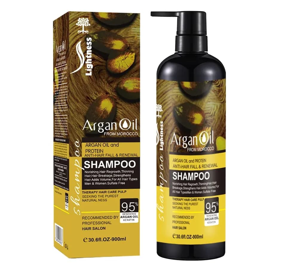 شامپو ضد ریزش و بازسازی کننده مو لایتنس Lightness مدل Argan Oil – حاوی روغن آرگان خالص و پروتئین هیدرولیز شده | حجم 900 میل