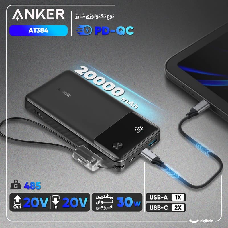 پاوربانک انکر A1384 ظرفیت 20000 | پاوربانک 30 وات فست شارژ — تصویر ۳
