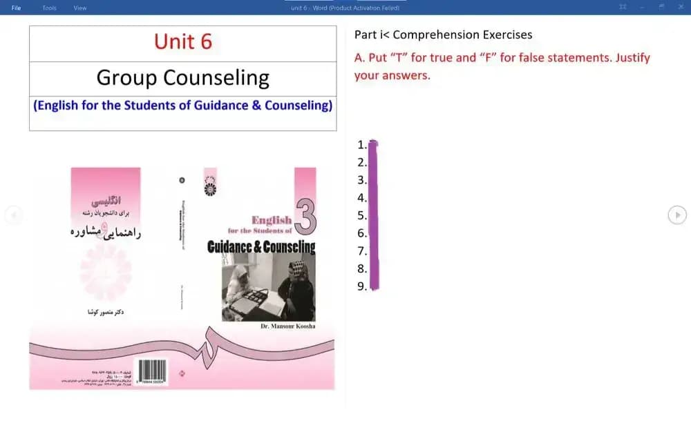 پاسخ تمرین Unit 6 کتاب (English for the Students of Guidance & Counseling) (درس ششم: Group Counseling)
