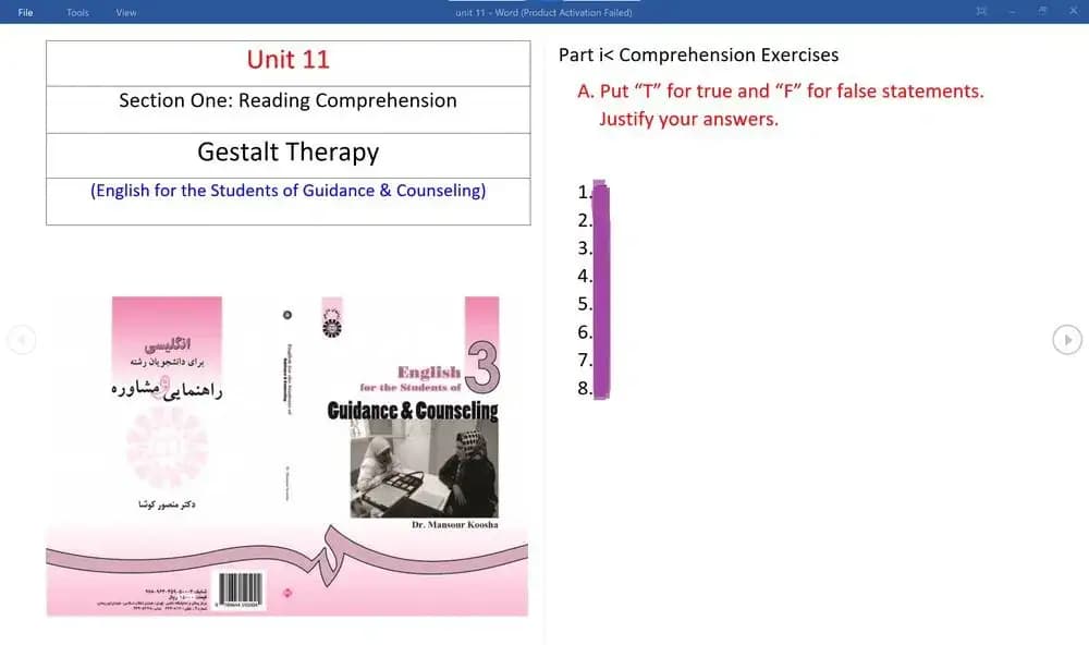 پاسخ تمرین Unit 11 کتاب (English for the Students of Guidance & Counseling) (درس یازدهم: Gestalt Therapy) — تصویر ۲