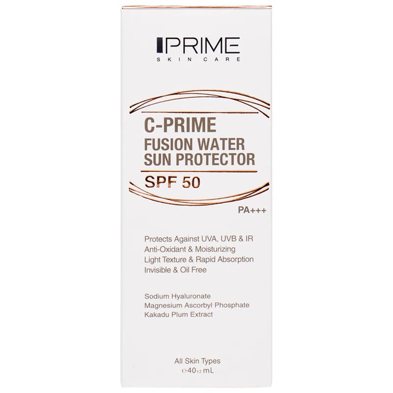 فلوئید ضد آفتاب بدون رنگ پرایم SPF50 مدل C-Prime Fusion Water محافظ UVA ،UVB و +++PA، ضد جوش و آکنه، ضد حساسیت مناسب انواع پوست حجم 40 میلی‌لیتر — تصویر ۲