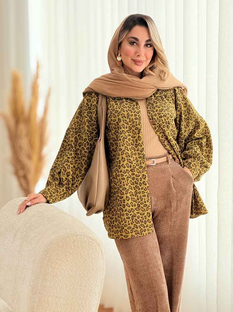 شومیز پاییزه کبریتی طرح پلنگی کد 7444