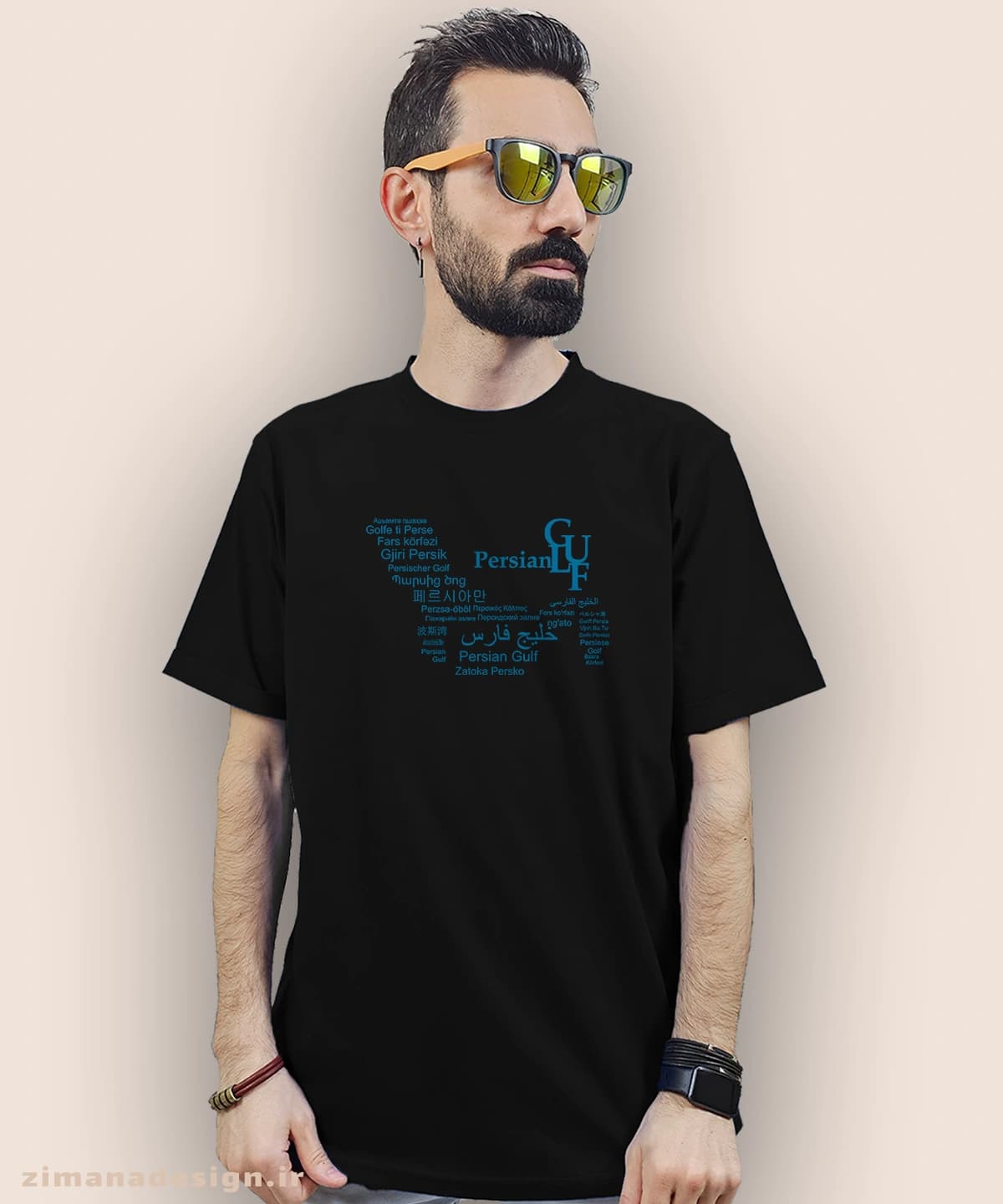 تیشرت مردانه و زنانه طرح خلیج فارس به زبان های مختلف دنیا — تصویر ۵