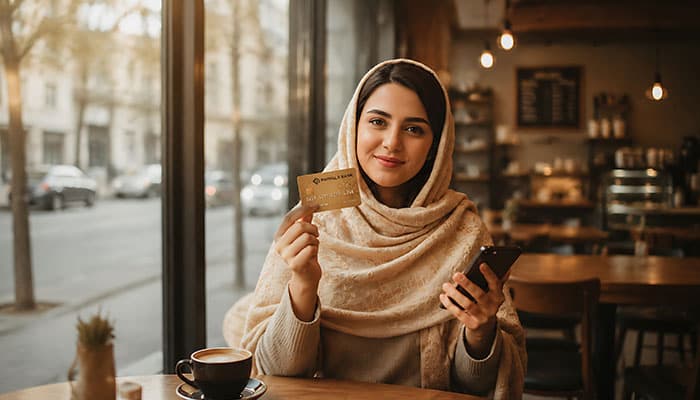 تصویر زن جوان در حال خرید آنلاین با کارت بانکی و موبایل
