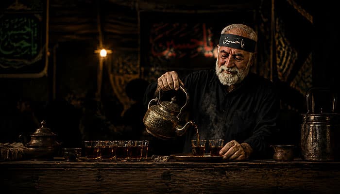 تصویر محرم طرح چایخانه امام حسین با تصویر مرد مسن