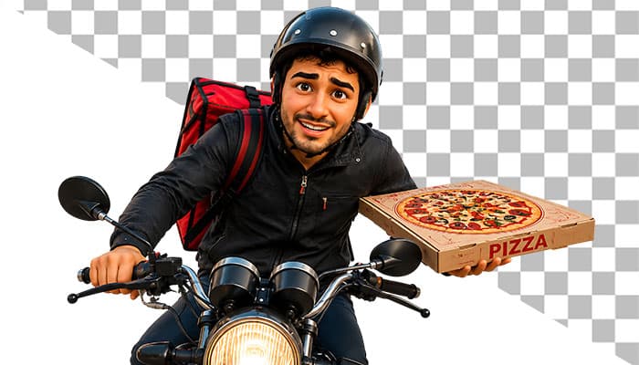 تصویر PNG پیک موتوری با پیتزا