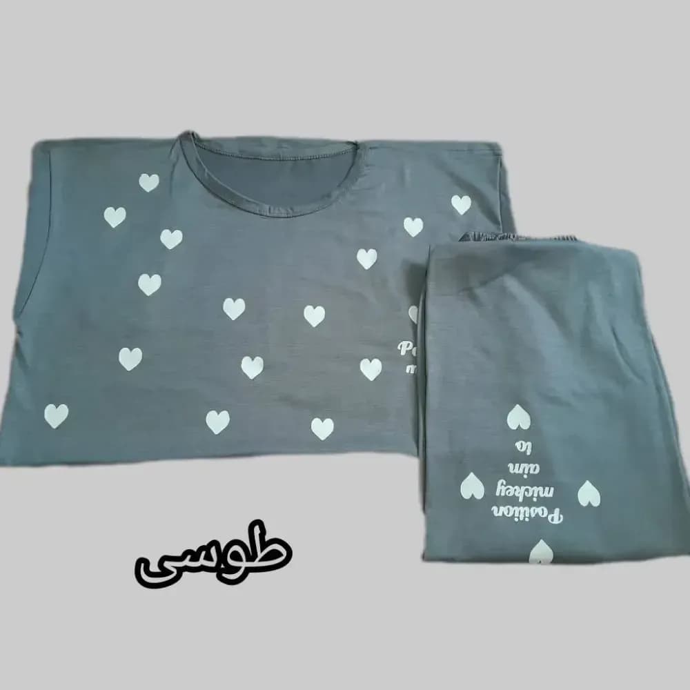 ست تیشرت و شلوار زنانه راحتی طرح قلب نخ ویسکوز سایز 38 تا 48 — تصویر ۱۲