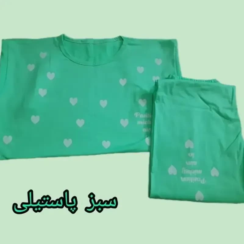 ست تیشرت و شلوار زنانه راحتی طرح قلب نخ ویسکوز سایز 38 تا 48 — تصویر ۳