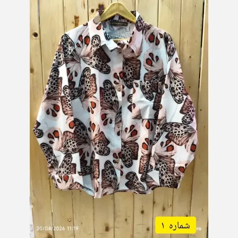 شومیز مانتویی تابستانه یقه مردانه طرح پروانه جنس بوگاتی ضد چروک — تصویر ۲